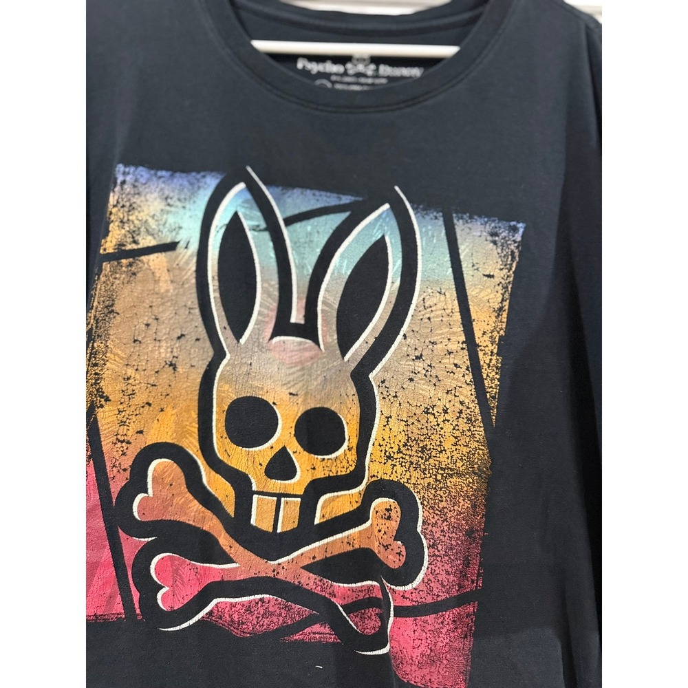 B- 049-Psycho Bunny Mens 3XL Black Pima Cotton Rainbow Graphic Skull Logo